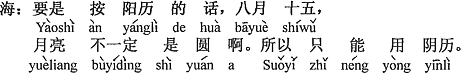 中国語：もし新暦に基づいて言うなら、8月15日はお月様が丸くなるとは限らない。だから旧暦を用いるしかない。