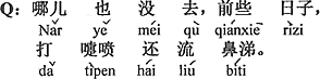 中国語：どこへも行っていないよ、先日、くしゃみが出てそれから鼻水が垂れた。