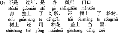 中国語：お正月を祝うんじゃなくて、各店の玄関先にみんなイルミネーションを飾って、また松の木を並べて、木の上に綿を掛けて、雪みたいにしている。