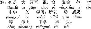 中国語：しかし上のお兄さんが言うには、中学の入試に影響するのを心配して、（だから）おばあちゃんを説得して、中学に受かってから買うことにした。