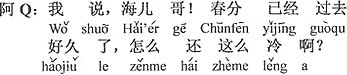 中国語：あのね、兄ちゃん、春分はすでに終わって、大分になるけど、なんでまだこんなに寒いの？