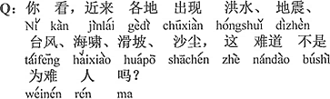 中国語：ほら、近頃各地で起きた、洪水、地震、台風、津波、山崩れ、砂ぼこり、これは人を困らせるのではないと言うのですか。