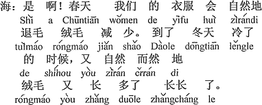 中国語：そうだよ。春は僕たちの服は自然に毛が抜けて短くなる。冬に寒くなった時はまたひとりでに（自然に）毛が多くなり、長くなる。