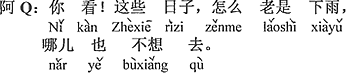 中国語：見てよ！この数日はなぜか雨ばかり降って、どこへも行きたくない。