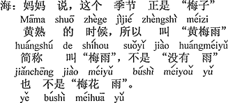 中国語：お母さんが言うには、この季節はちょうど梅が黄色に熟す時で、だから「黄梅雨」という。略して「梅雨」と言って、「雨がない」でもなく「梅の花の雨」でもない。