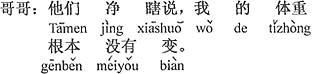 中国語：彼らはでたらめを言っているばかりだ。私の体重はまったく変わっていない。