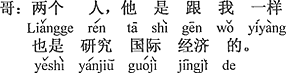 中国語：2人です。彼は私と同じく国際経済を研究しています。