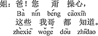 中国語：お父さん、心配しないで、これらの事はお兄さんはみな知っています。