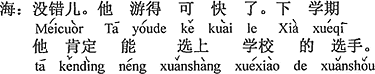 中国語：間違いない。彼は泳ぐのがとても速い。来学期には間違いなく学校の選手に選ばれる。