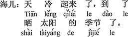 中国語：（気候が）寒くなってきた、日向ぼっこの季節になった。