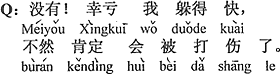 中国語：いいえ。幸い、僕は隠れるのが速かった、そうでなければきっと怪我をしていた。