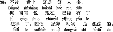 中国語：でも世の中にはやはりいい人が多い、お兄さんの言うところによると、今、すでに法律が出来、勝手に動物を捨てるのは法律違反です。