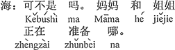 中国語：そうなんだよ。おかあさんとお姉さんはちょうど準備をしている。