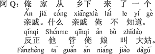 中国語：おいらの家に田舎から親戚が来た。どんな親戚か知らないけれど、とにかくおいらのお母さんをおばさんと呼ぶ。