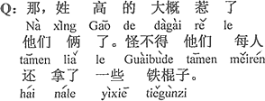 中国語：（Qちゃんは、人名と勘違いして）それなら「高」と言うやつは、多分彼ら二人を怒らせた（腹を立たせた）。どうりで一人一人、いくつかの鉄の棒を持っていた。