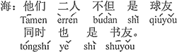 中国語：彼ら二人は球技の仲間でもあり、書道の仲間でもある。