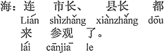 中国語：市長さん、県知事さんも参観に来た。