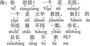 中国語：考えてごらん。一人は名医で一人は大学の教授。彼達の書道展は一般のと違う、市長さん県知事さんも来ないわけがない。