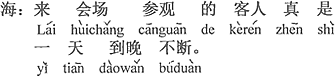 中国語：会場へ参観に来たお客さんは本当に一日中途切れなかった。