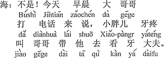 中国語：違います。今朝、大きい兄さん（長男）から電話が掛かって来て、小デブちゃんは歯が痛くて、お兄さん（次男）に小デブちゃんを歯医者に連れて行ってもらいたいと言って来た。