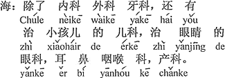 中国語：内科、外科、歯科を除いて、子供を治す小児科、目を治す眼科、耳鼻咽喉科、産科がある。