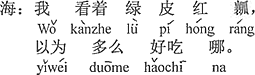 中国語：ボクは緑の皮、赤い果肉を見て、どんなにか美味しいと思った。