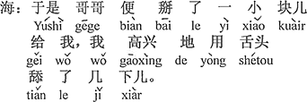 中国語：それでお兄さんは一切れ割ってボクにくれた。ボクは嬉しくて舌で何回か舐めた。