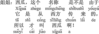中国語：スイカ、この名前は西方から伝わってきたからそれで西瓜というのではないの。