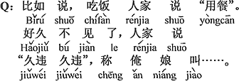 中国語：例えて言うと、ご飯を食べるは、あの方は「お食事を頂く」お久しぶりですを、「ご無沙汰いたしておりました」、僕のお母ちゃんを......と言う。