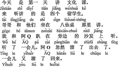 中国語：今日は最初の文化の講義で、聞きに来たのは四人の留学生。お兄さんと彼らは大きな正方形のテーブルに座って、講義している。ボクとQちゃんは（腹ばいになって）傍のソファーの上で聞いている。しばらく聞いていたら、Qちゃんは突然、こっそり出て行った。そしてしばらくしてまたこっそり戻って来た。