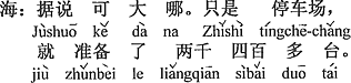 中国語：すごく大きいそうだ。駐車場だけでも2,400台あまり用意している。