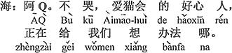 中国語：Qちゃん泣くな。愛猫会の親切な人が、ちょうどボクたちのために方法を考えているよ。