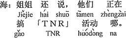 中国語：お姉さんは更に、ちょうど「TNR」活動をしていると言った。