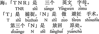 中国語：「TNR」とは三つのアルファベット。「T」は捕まえる（Trap）、「N」は不妊手術（Neuter）、三つ目の「R」は元の場所に返す（Return）。