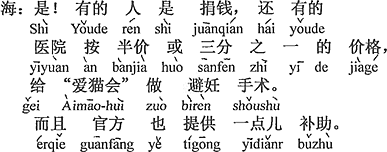 中国語：そう。ある人はお金を寄付する、またある病院は半額か三分の一の値段で「愛猫会」に手術をする。その上、役所も少し補助を出す。