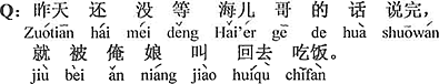 中国語：昨日はまだ兄ちゃんの話が終わるのを待たずに、おいらのお母ちゃんに帰ってご飯を食べるように呼ばれた。