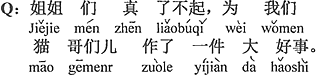 中国語：お姉さんたち大したもんだ。ぼく等猫たちのためにすごく好い事をやっている。