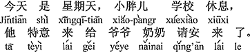 中国語：今日は日曜日です。小デブちゃんは学校が休みで、わざわざおじいちゃんとおばあちゃんにご機嫌伺いに来た。