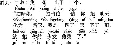 中国語：（二番目の）おじさん。ぼく思い付いた。「掃晴娘、掃晴娘　明日天気にしておくれ、それでも曇って　雨が降ったなら　あなたの髪の毛を全部切ってしまうよ。」