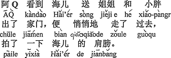 中国語：Qちゃんは、Haierがお姉さんと小デブちゃんが玄関を出たのを見送るのを見て、そしてこっそりと歩いて行って、Haierの肩をちょっと叩いた。