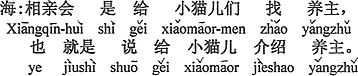 中国語：お見合いの会は仔猫たちに飼い主を探すのです、それは仔猫たちに飼い主を紹介するとも言う。