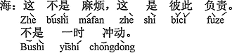 中国語：これは面倒ではなく、これはお互いに責任を負う。一時の衝動にかられるのではない。