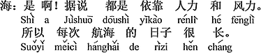 中国語：そうなの！話によるとすべて人の力と風力に頼っていた。だから毎回航海の日にちはとても長かった。