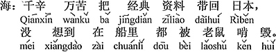 中国語：ありとあらゆる辛苦を舐め、教典資料を日本へ持ち帰ったら、思いもよらないことに船の中で全部ネズミにかじられてやられてしまった。