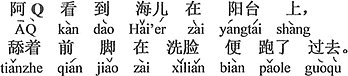 中国語：QちゃんはHeiarがベランダで、前足を舐めながら顔を洗っているのを見て、走って行った。