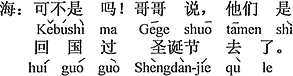 中国語：そうなんだ。お兄さんが言うには、彼らは国に帰ってクリスマスを過ごしに行った。