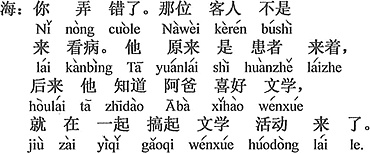 中国語：誤解している。あのお客さんは診察を受けに来たのではない。あの方（彼）はもともと患者さんだったのだが、のちに父ちゃんが文学が好きなのを知って、一緒に文学活動をやり出した。