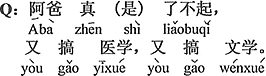 中国語：父ちゃんは本当にすごい。医学もやるし、また文学もやる。