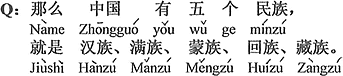 中国語：それなら中国は五つの民族がいる、それは漢民族、満州族、モンゴル族、回族、チベット族です。