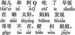 中国語：HaierとQちゃんは朝ごはんを食べて日向ぼっこをしている。お母さんはお兄さんがいないのに気付いて、お姉さんに聞いた。